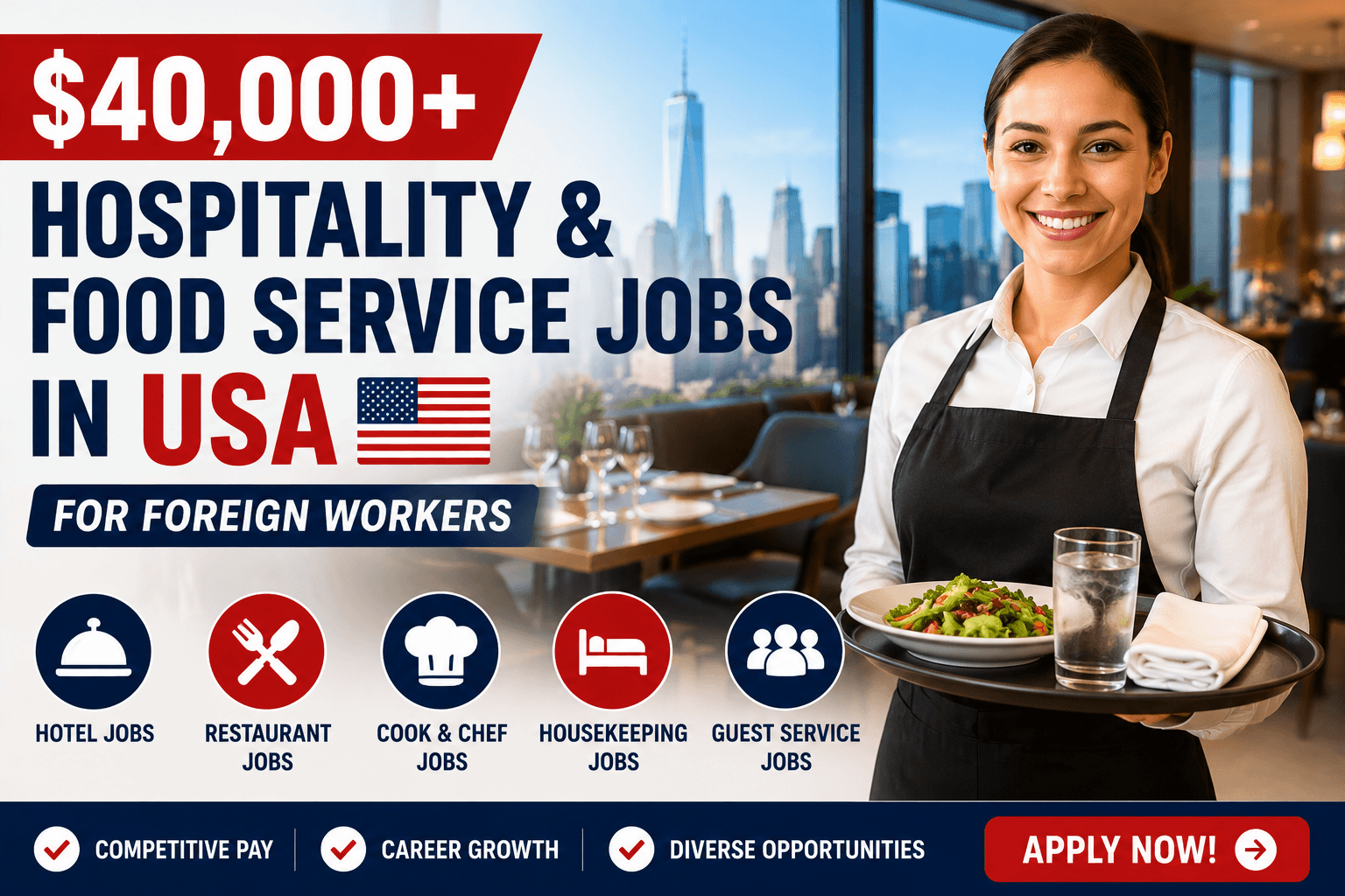 $40,000+ Hospitality & Food Service Jobs in USA for Foreign Workers