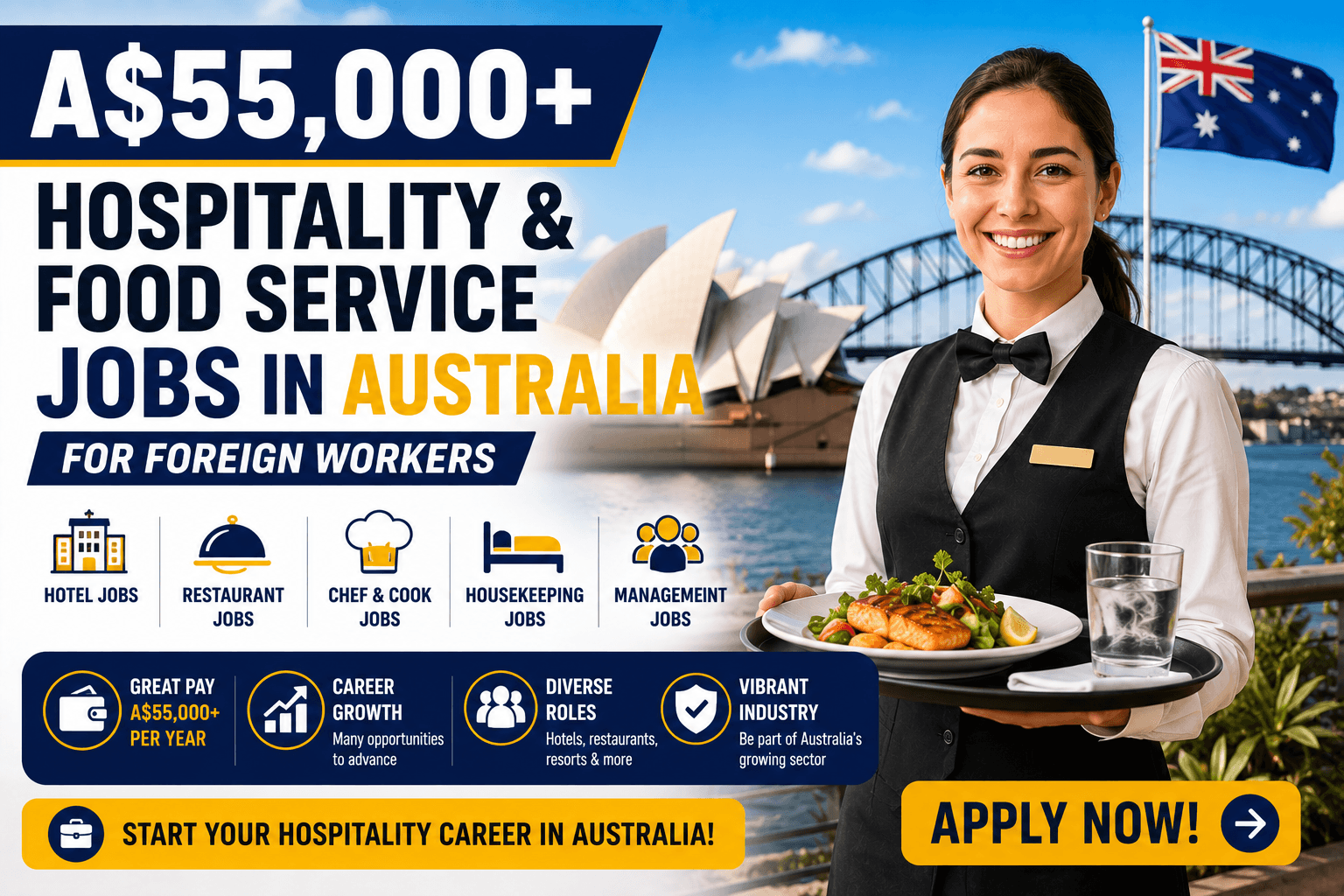 A$55,000+ Hospitality & Food Service Jobs in Australia for Foreign Workers