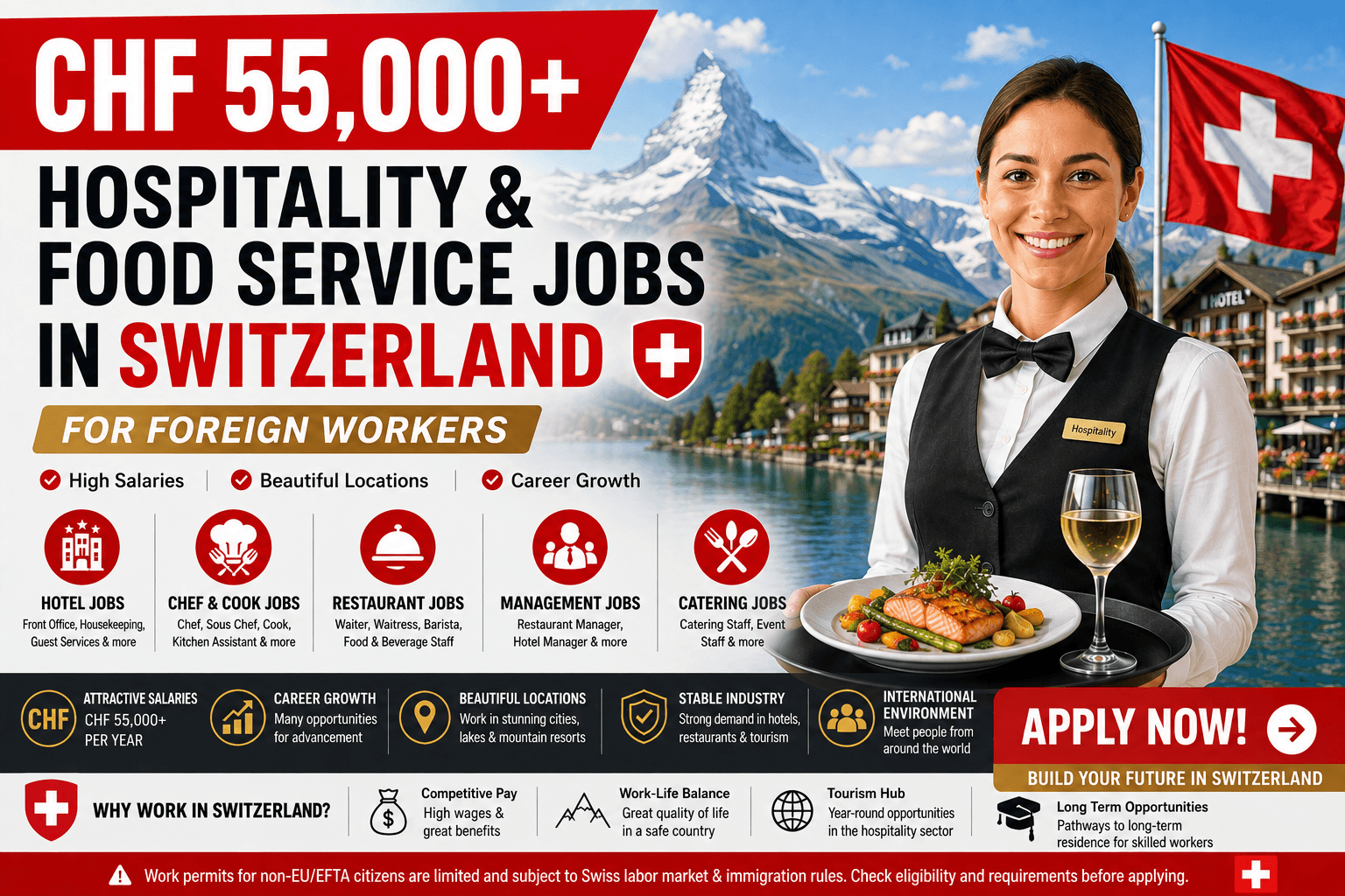 CHF 55,000+ Hospitality & Food Service Jobs in Switzerland for Foreign Workers