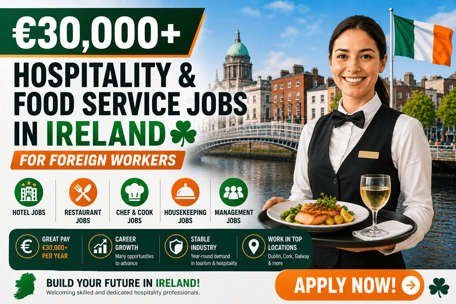 €30,000+ Hospitality & Food Service Jobs in Ireland for Foreign Workers