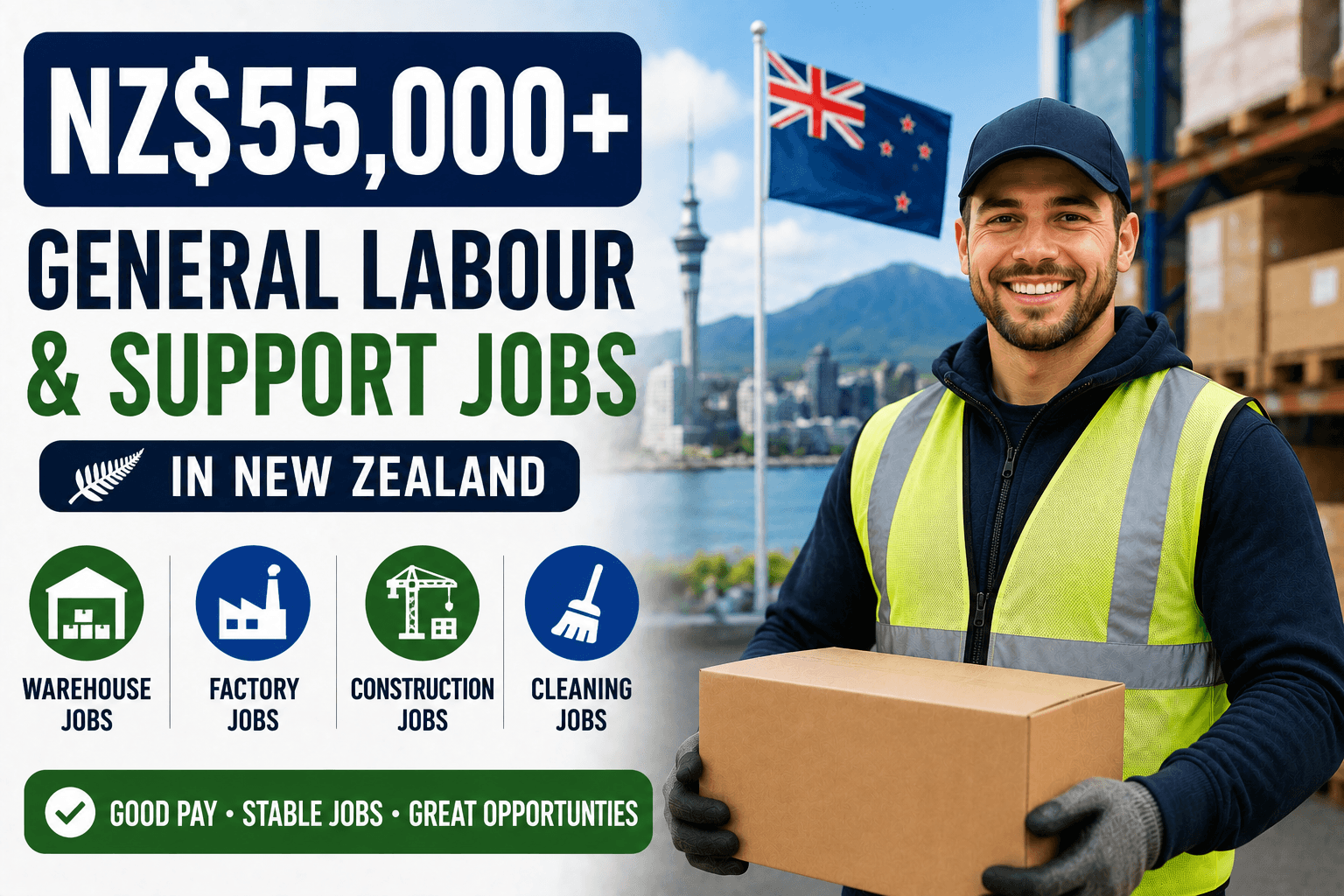 NZ$55,000+ General Labour & Support Jobs in New Zealand for Foreign Workers