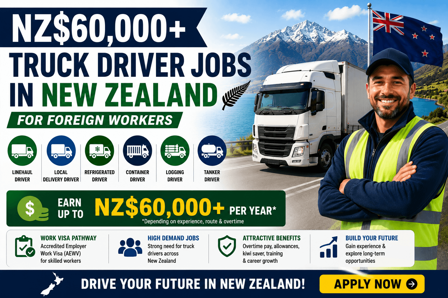 NZ$60,000+ Truck Driver Jobs in New Zealand for Foreign Workers